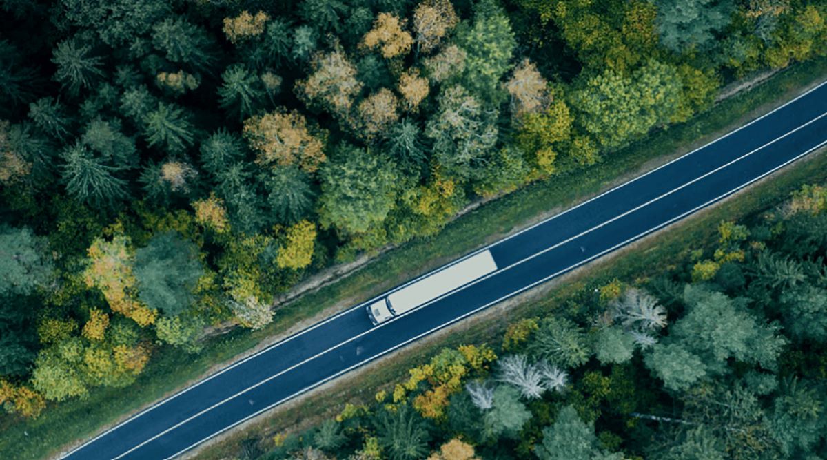 Camion circulant sur une route en forêt