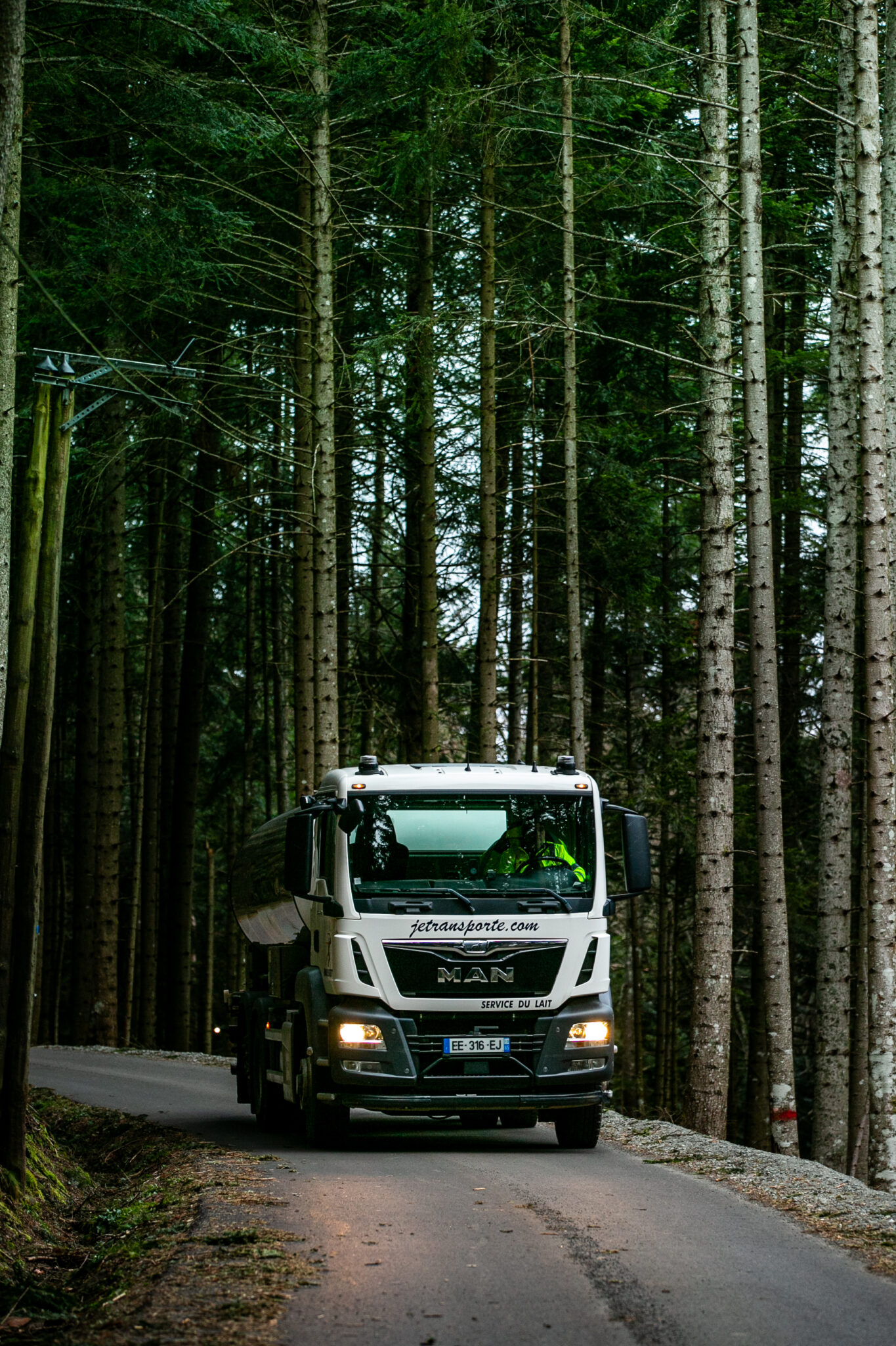 Porteur citerne de lait en circulation dans la forêt